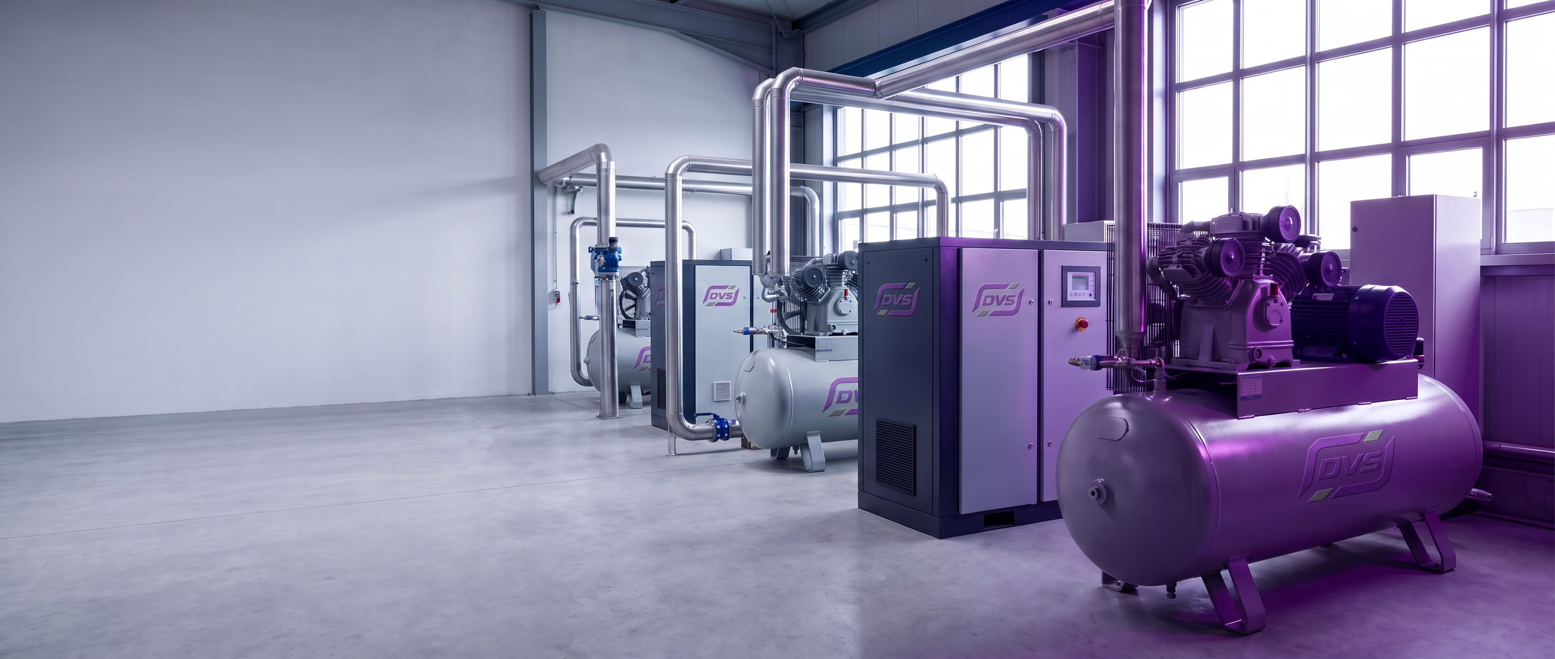 DVS Kompressorstation: mehrere Schraubenkompressoren mit Rohrleitungen in einer Industriehalle